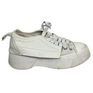 JW ANDERSON Women's Topstitched Logo-Embossed Leather Trainers Size 6 In White